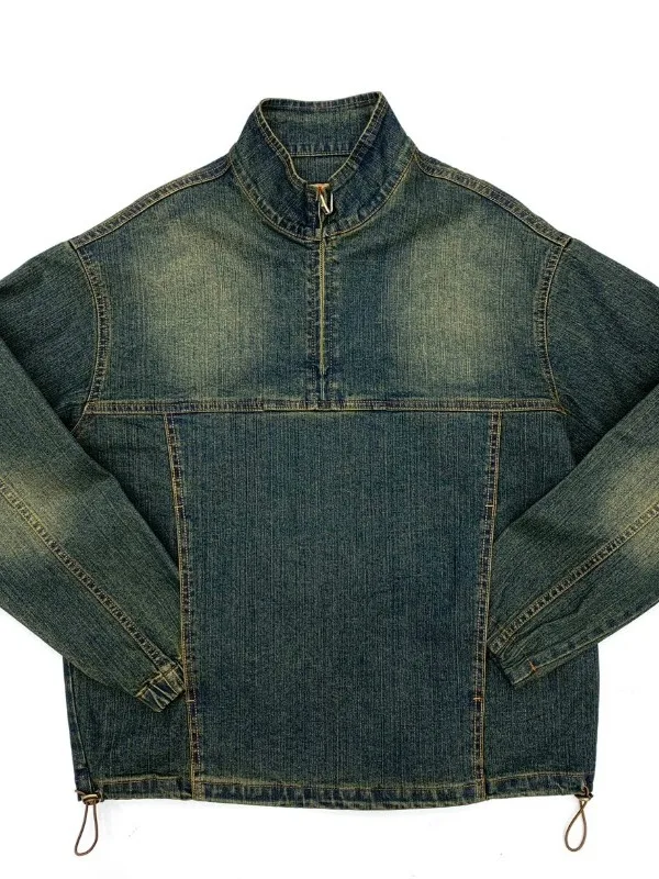 Washed Cotton Denim Jacket Loose Fit Overhead Men's Vintage Japanese Style Spring Autumn Workwear Stand Collar Outerwear