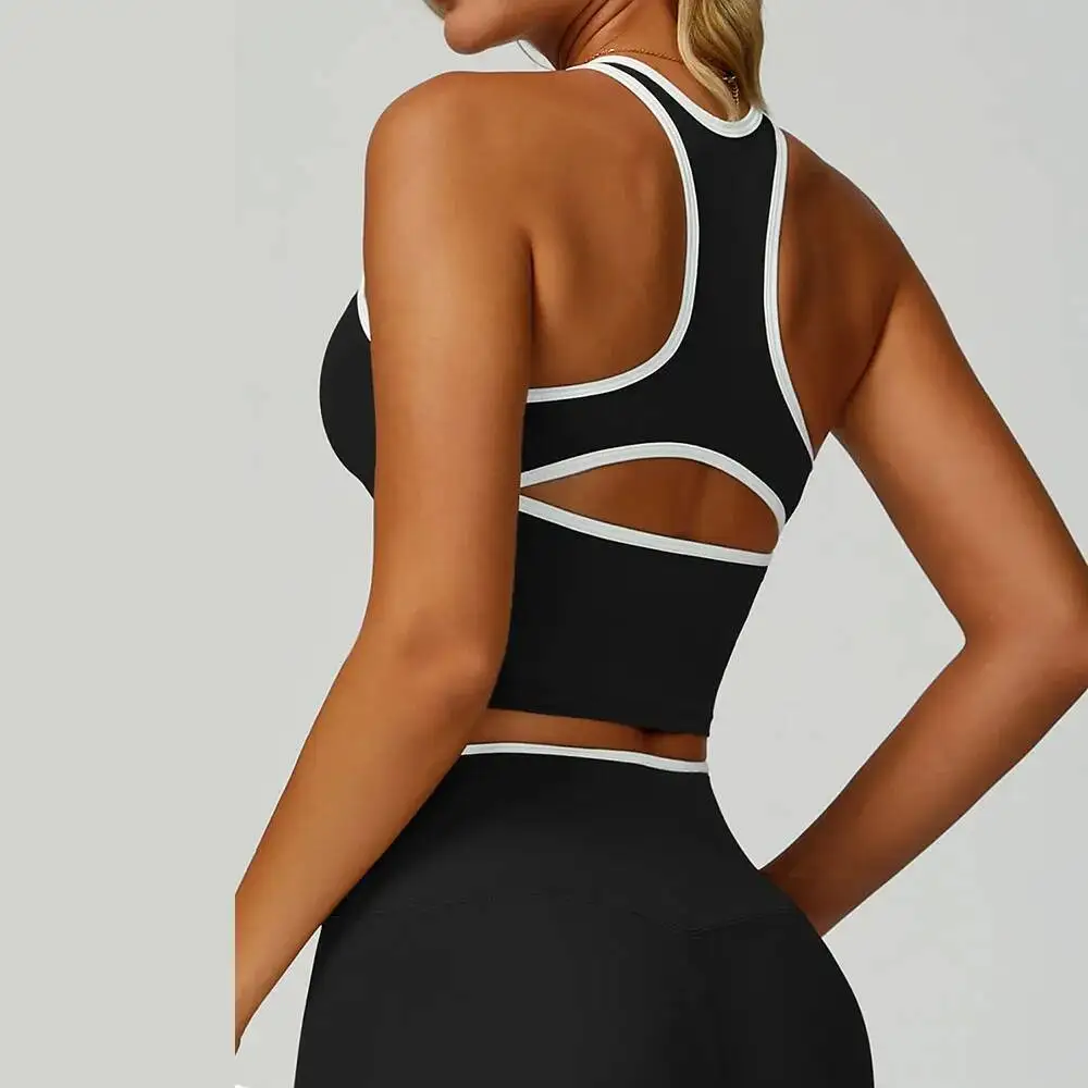 

Women S Contrast Trim Naked Feel Sports Bra Hollow Out Back Running Fiess Tight Top