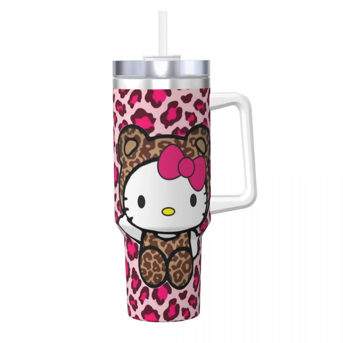 

Леопардовая розовая текстура Hello Kitty, стакан для холодных напитков, бутылка для воды, изолированная кофейная кружка из нержавеющей стали, дорожные кружки на заказ, чашка