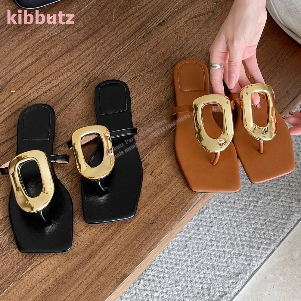 Square Metal Slipper Sandals Genuine Leather Solid Color Black Flat With Slip-On Fashion Elegant Sexy Concise Party Dress Shoes