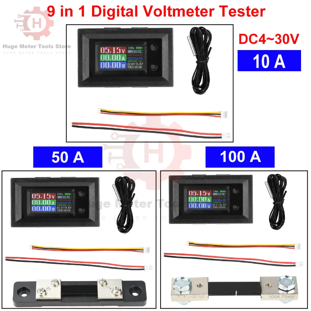 9 in 1 Digital Voltmeter Tester DC4-30V 10A/50A/100A Multifunction Tester LCD Voltage Current Power Battery Tester NTC Sensor