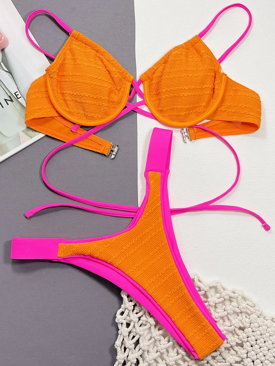 Splicing Gerimpelde Beugel Bikini Vrouwen Badmode Damesbadpak Tweedelig Bikini Set Driehoek Badpak Zwemkleding