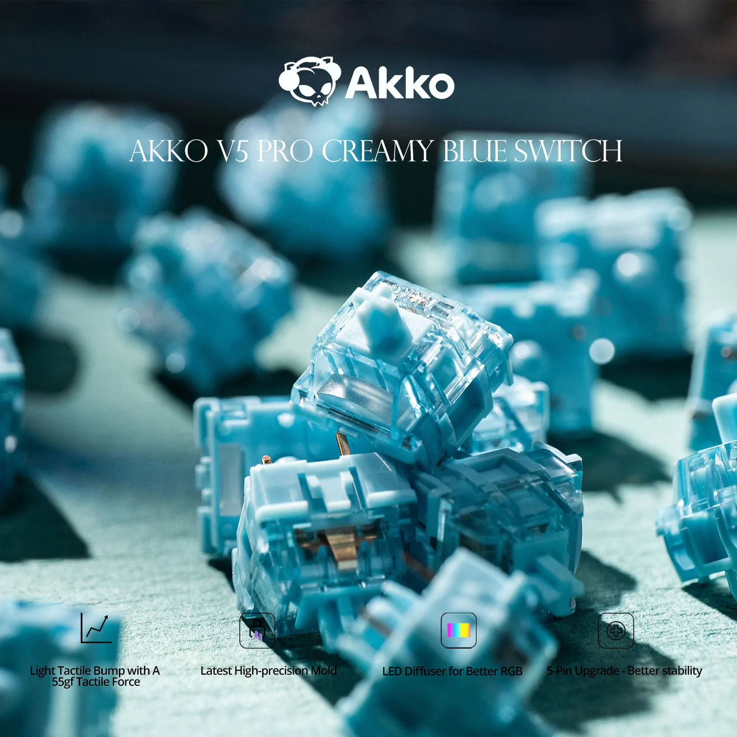 Akko V5 Pro cremiger blauer Schalter, 5-polig, 45 gf, Thocky Tactile Switch, werkseitig geschmiert, kompatibel mit mechanischer Cherry MX-Tastatur