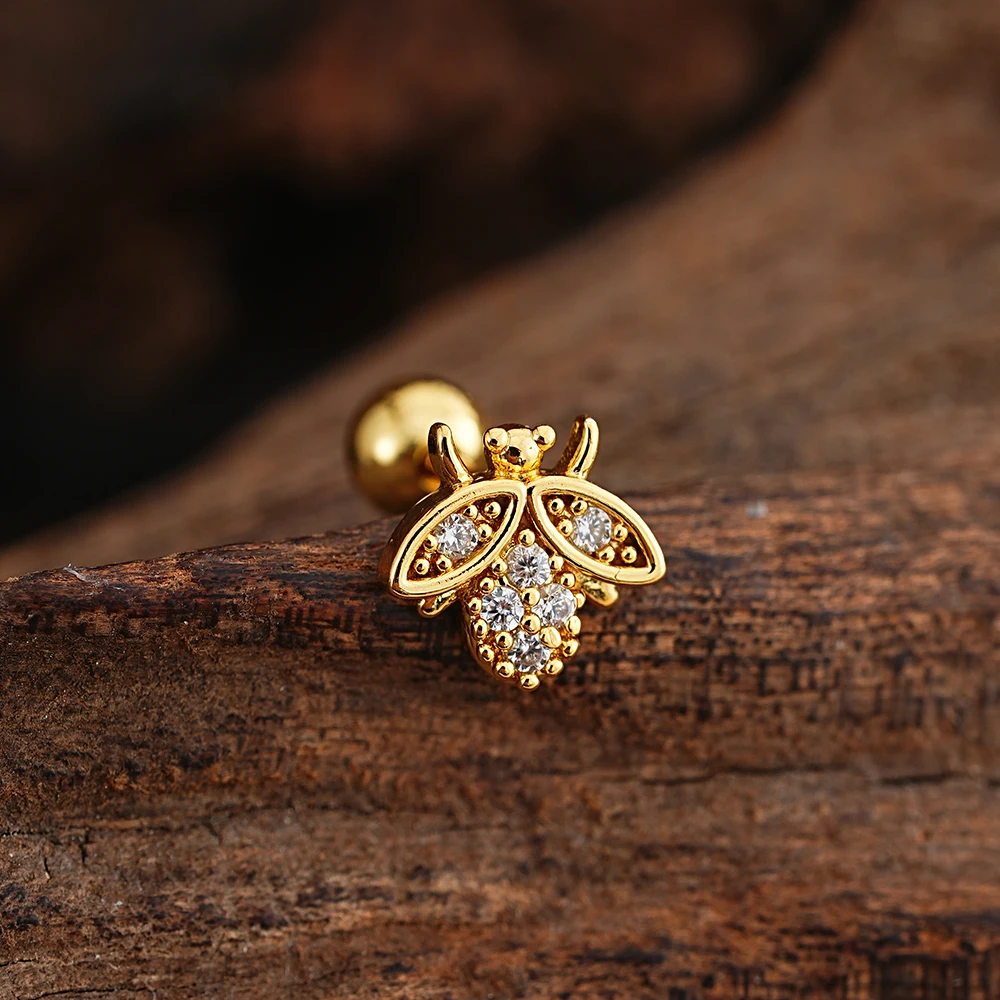 1 Stück Goldfarbener 16G Helix-Knorpel-Ohrstecker, Piercing mit Herz-, Blumen-, Totenkopf- und Stern-Design, Ohrring-Schmuck, rückseitig verschraubte Ohrpiercings – Detail 13
