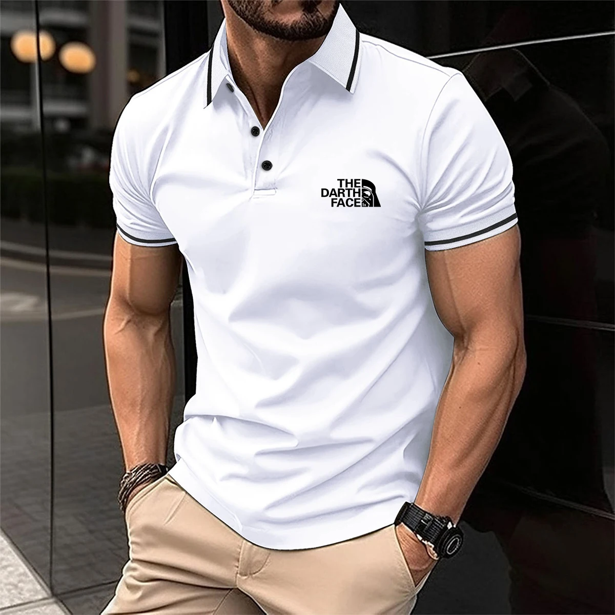 Premium Herren-Poloshirt: Hautfreundliches Material, Kontrastfarbener Kragen & Manschetten, Stilvoller Grafikdruck