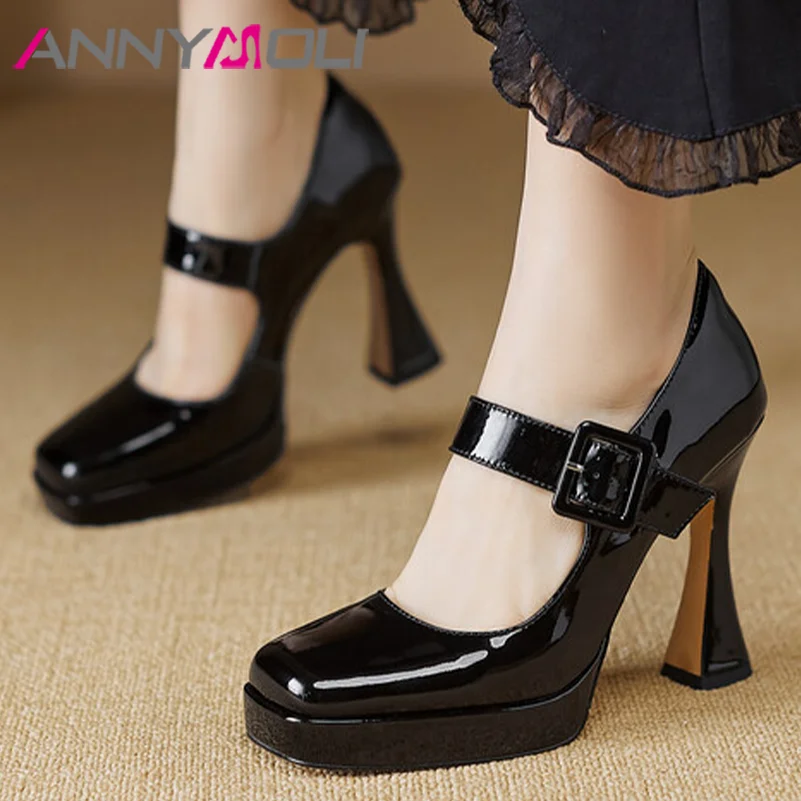 ANNYMOLI Women Genuine Leather Pumps Platform Spike Heels Square Toe Mary Janes Belt Buckle Party Fashion Spring Autumn Shoes