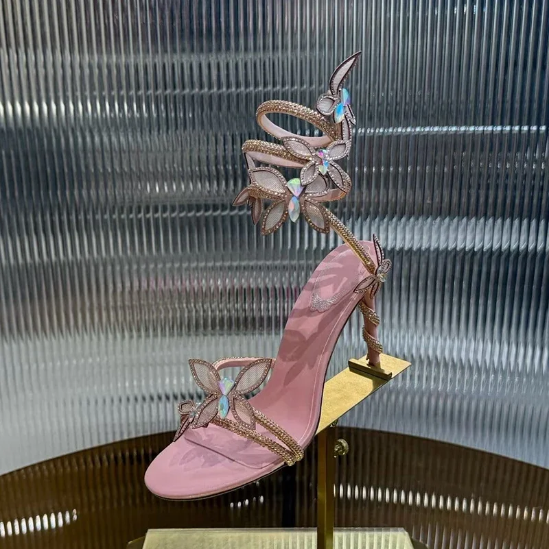 Thin High Heels Sandals Women Rhinestone Butterfly knot Decor Snake Shaped Elastic Strap Gladiator Sandalias Summer Dress Shoes