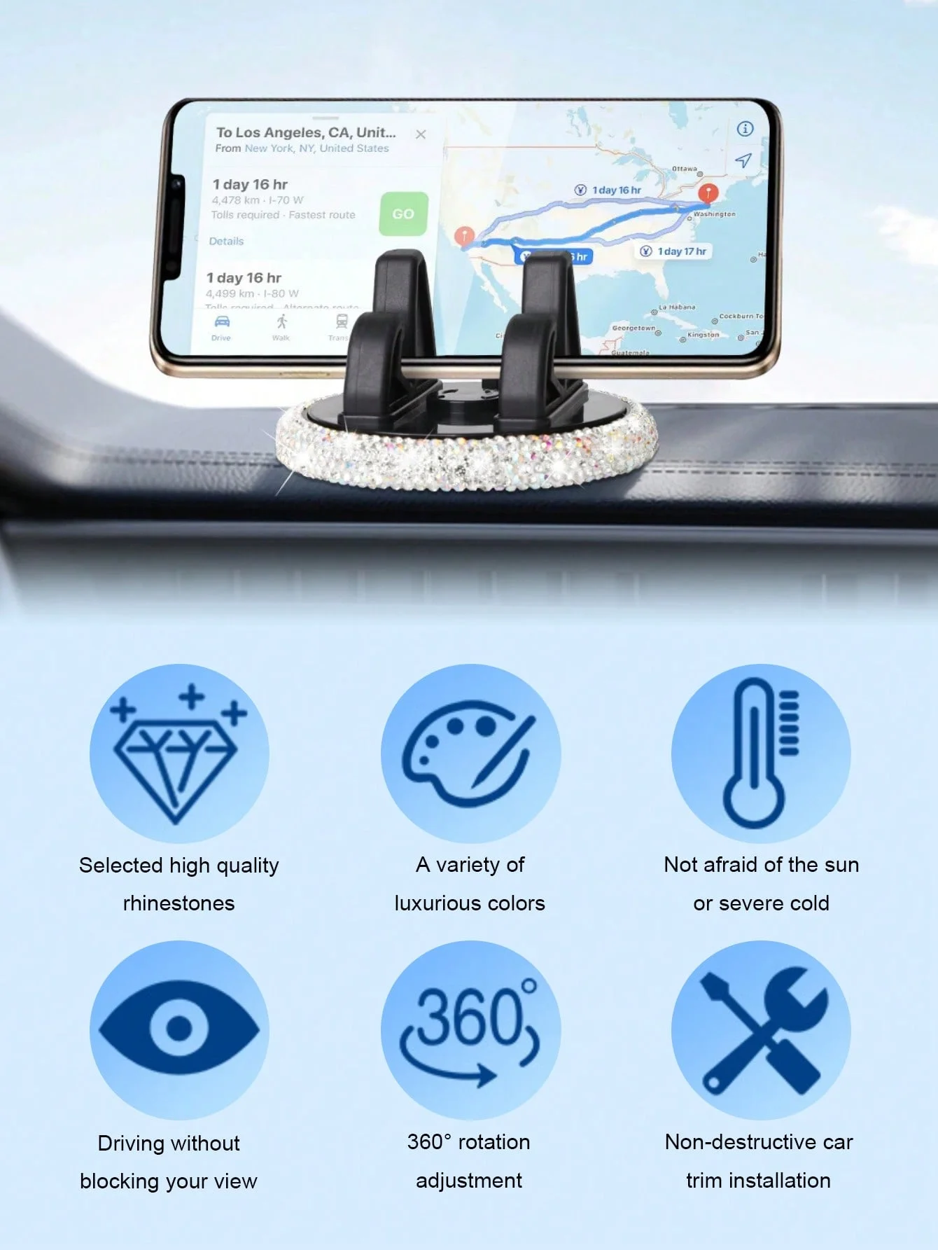 Supporto per telefono per auto Diamond: design femminile carino, supporti sul cruscotto, regolabile per viste paesaggistiche e ritratti, supporto adesivo