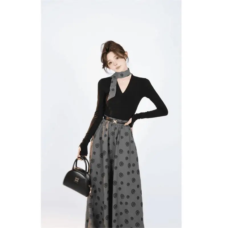 

Ele V-Ne Sa Bla Top And High Waist Skirt Women's Faion Set Casual Wear Comfortable Long Sve Autumn Outfit