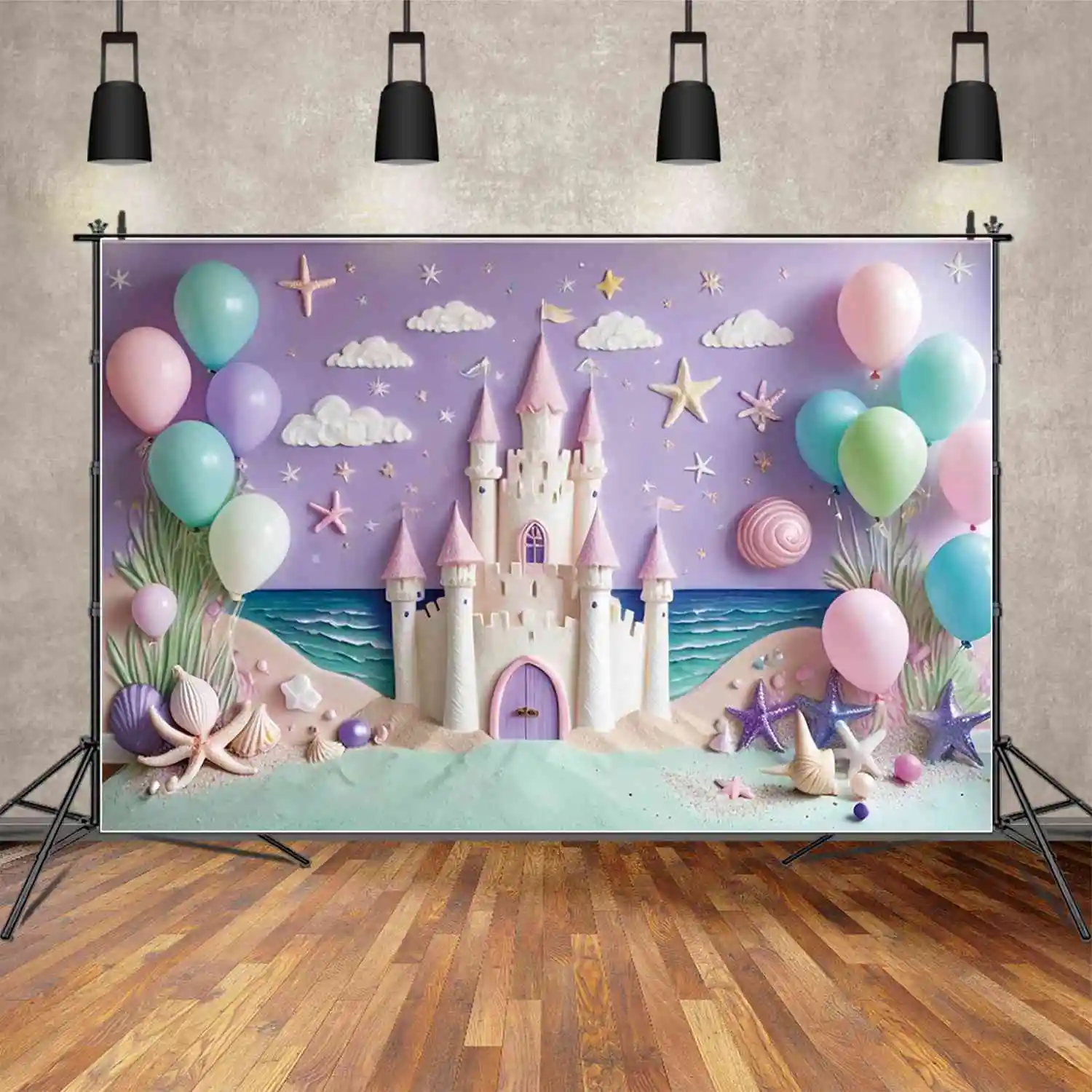 

MOON.QG Mermaid Castle Birthday Year Backgrounds Child Sand Beach Summer Backdrop Custom Party Decoration Photocall Studio Props