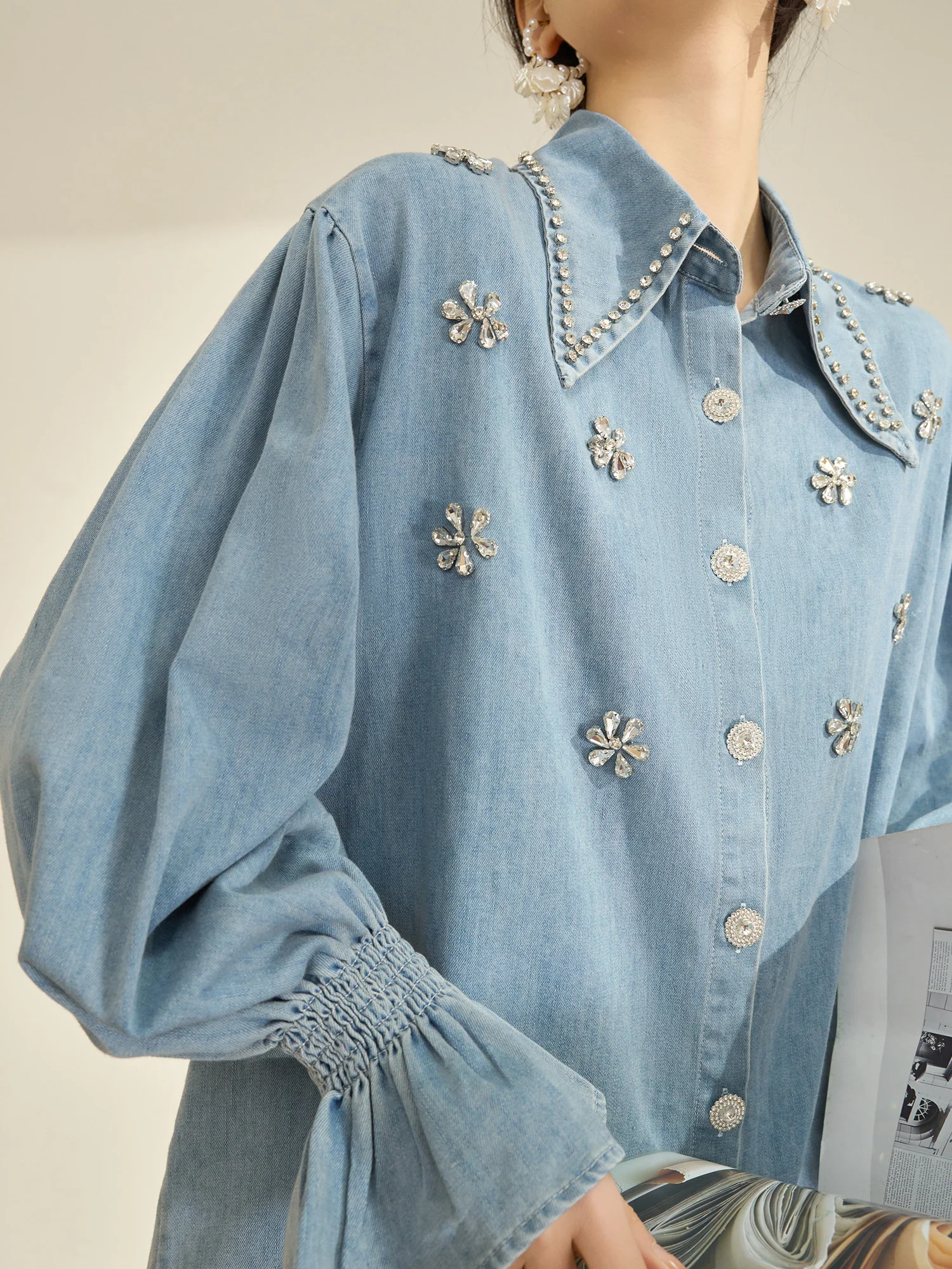 

Blue Beaded Bell Sve Long Sve Denim irt Women's Unique Beautiful New Sle Casual Commute Loose Fit Polyester Fiber