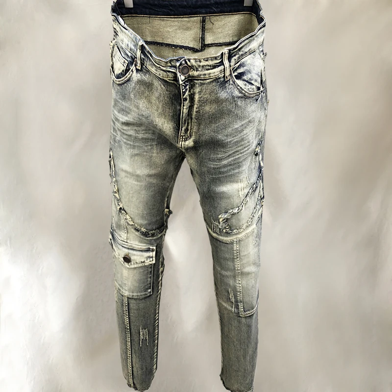 

Men Blue Spliced Elastic Slim Fit Jeans 2024 Fashion Retro Designer Ripped Jeans Hip Hop Biker Men's Pants Denim Punk Trousers