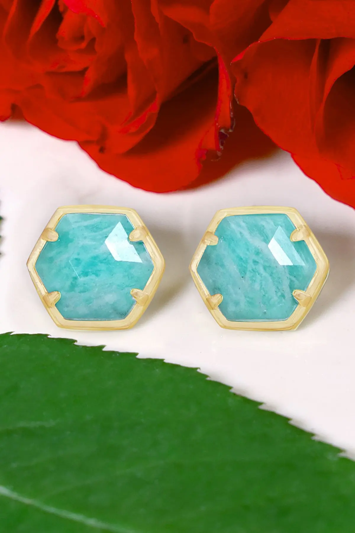 Natural Amazonite Hexagon Post Earrings Fashion Gemstone Jewelry for Girls