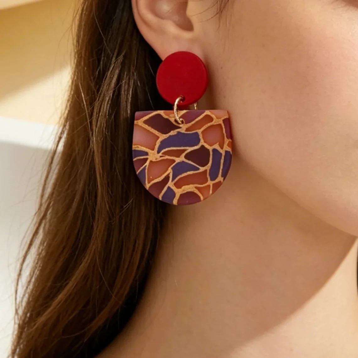 Unique Matte Textured Polymer Clay Dangle Earring Colorful Mosaic Gold Foil Geometric Drop Earring Lightweight Statement Handmad