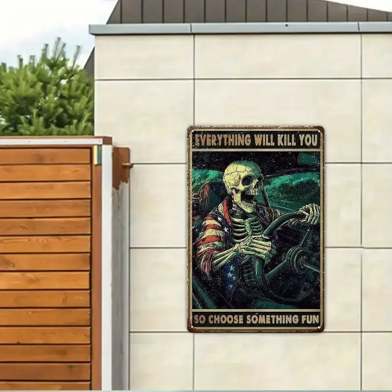 لافتات ولوحات زخرفية مضحكة على شكل جمجمة أمريكية عتيقة من القصدير المعدني - "كل شيء سوف، لذا اختر شيء ممتع" فن جداري #4