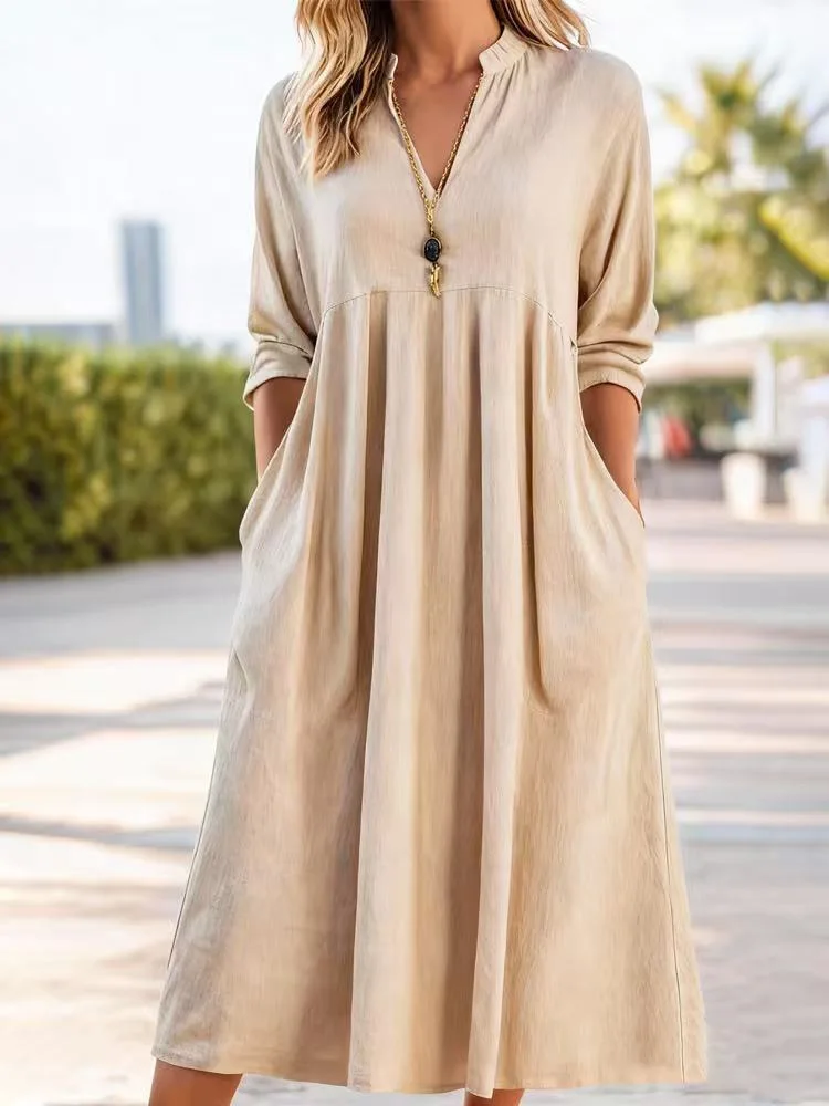 

Spring Summer 2026 Loose Dress Women Vintage Linen V-neck Dual Pockets Mid-Calf Length One Piece Solid Dresses 3/4 Sleeve 64060