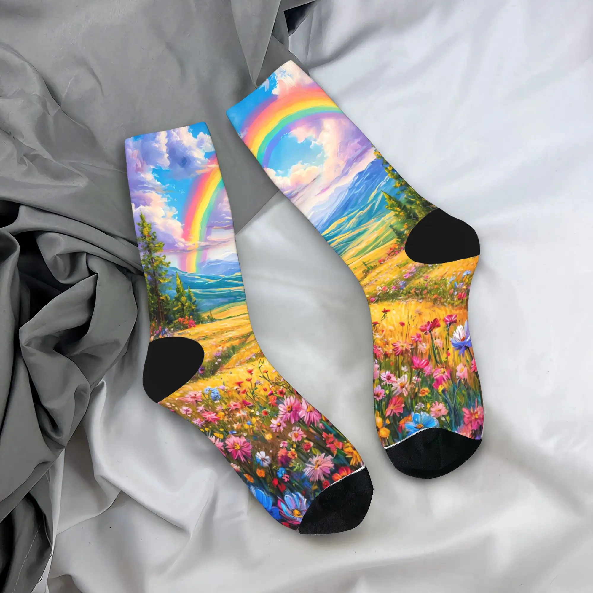 

Rainbow Flower Field Art Socks Leisure Stockings Autumn Anti Skid Couple Socks Warm Soft Graphic Running Socks