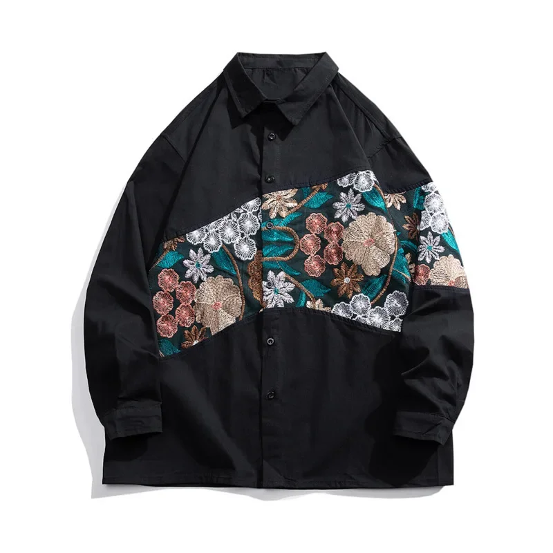 Pop Long Sleeved Shirt Men Fashion Retro Flower Shirt Mens Japanese Streetwear Hip-hop Loose Embroidered Shirt Men Large Size 5X