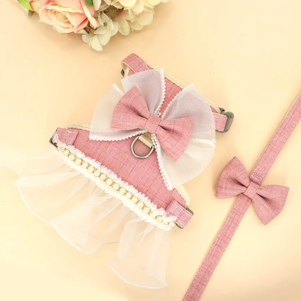 Princess Dog Cat Harness And Leash Set Lace Bowknot Pet Harness Chest Strap Dress For Fashion Chihuahua Cats Accessories