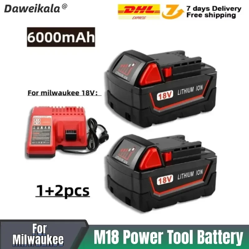 Daweikala 2025 18V, 6000mAh For Milwaukee M18 Power Tool Battery, Charger, BR, XC, M18B5, 48-11-1860, Built-in 21700 Battery