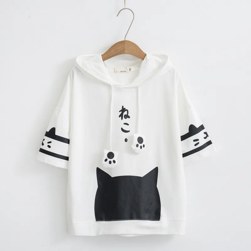 Mori Women Harajuku Kawaii Graphic T Shirt 2024 Summer Teen Girl Cat Ears Hooded T-shirt Short Sleeve Japanese Letter Print Top