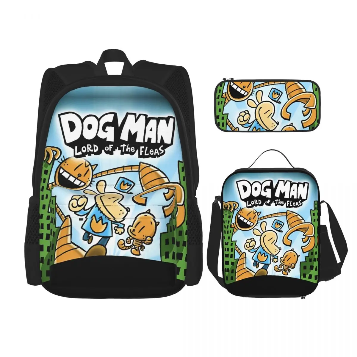 

3pecs/set Dog Man Petey Cat Backpack for Teenage Anime Cartoon Laptop Shoulder Bag Lunch bag Pencil Case