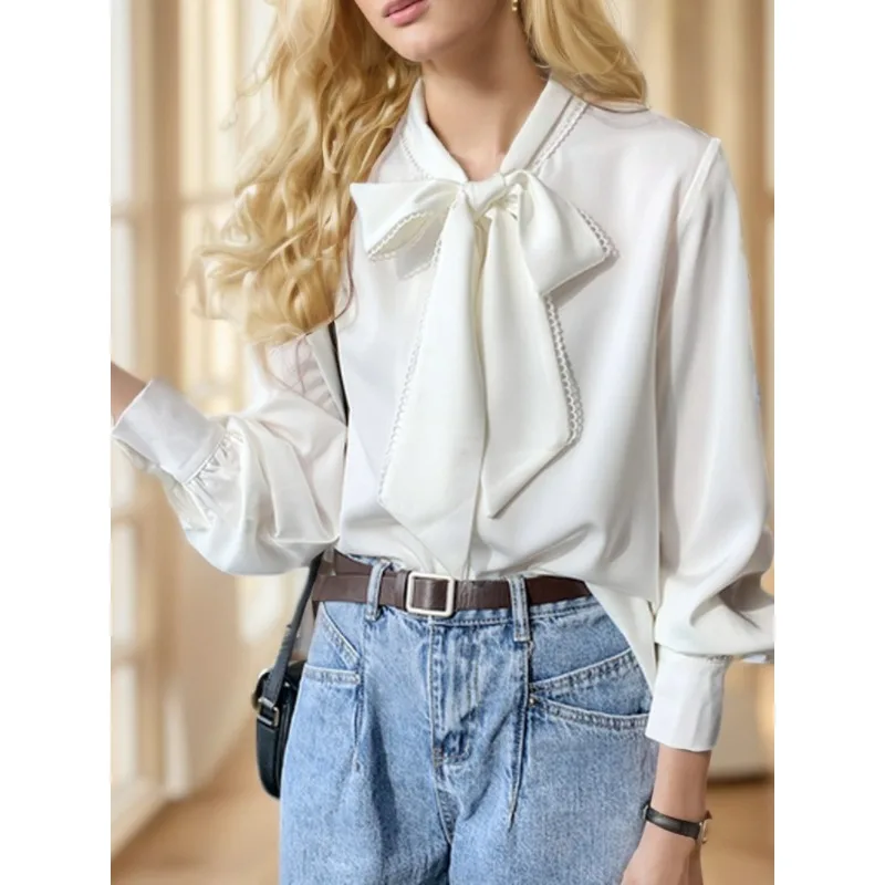 Korean Loose Tops Spring Fashion Chiffon Blouse Women White Office Lady Clothes with Bow Blue Long Sleeve Shirt