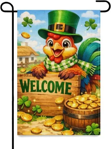 St. Patrick��s Day Rooster Garden Flag, Double Sided Lucky Irish, 12 x 18 Inch XXQ