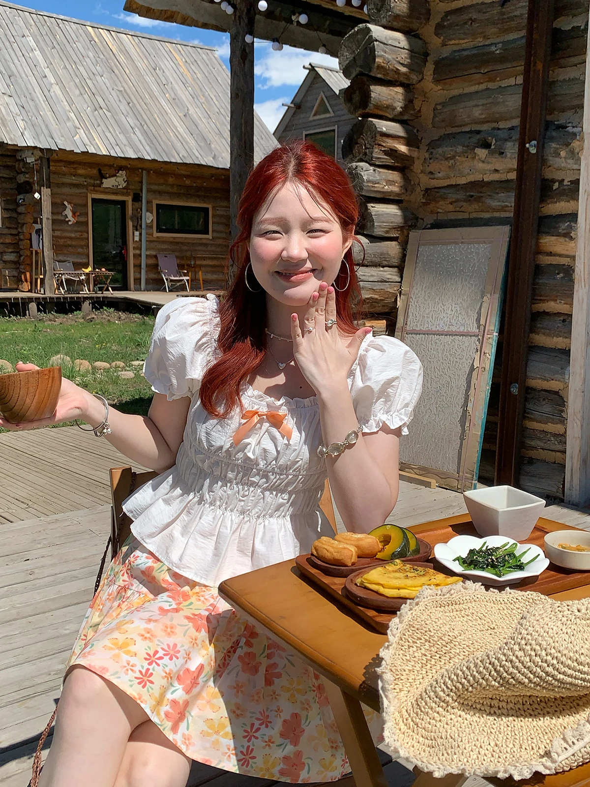 

Korean Sle Bubble Sve irt Women's Waist-Cinching ort Summer Top Pure Color Square Collar Polyester Fiber 00%