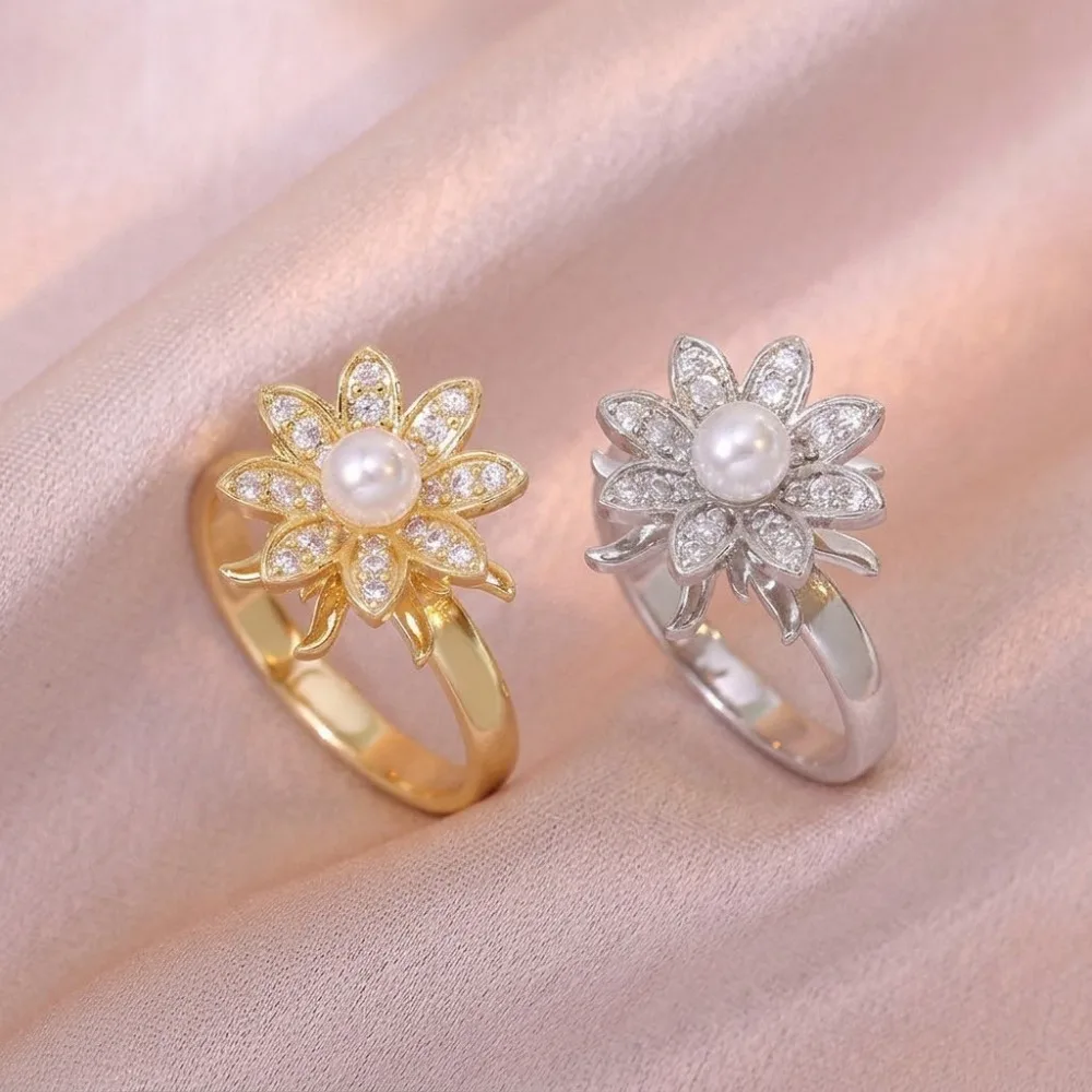 Exquisite Stainless Steel Imitation Pearl Zircon Sun Flowers Adjustable Opening Rings for Women Romantic Finger Jewelry Gifts