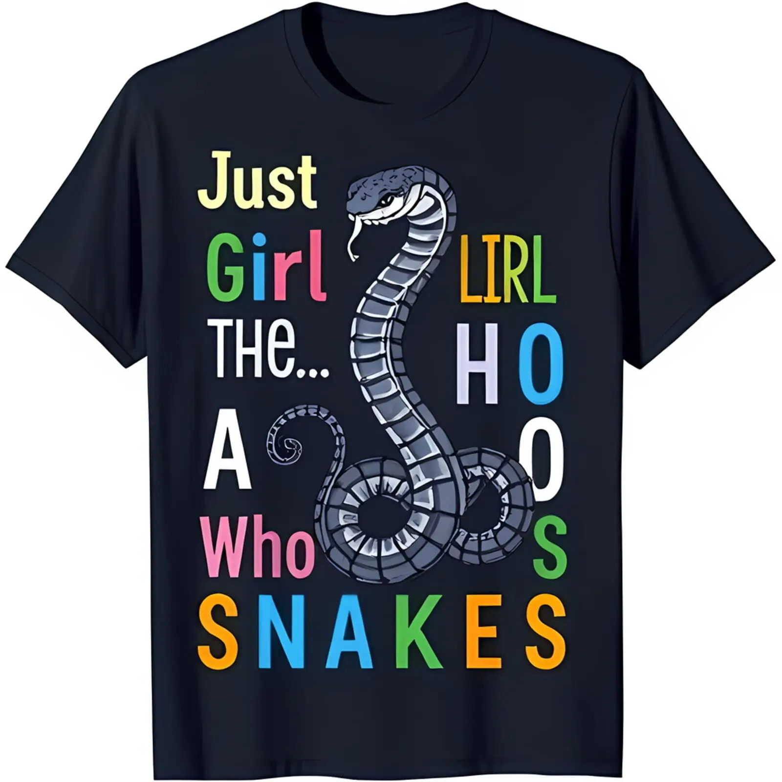 

Eye Catching Black T-Shirt with Colorful Snake Graphic & Fun Text Design