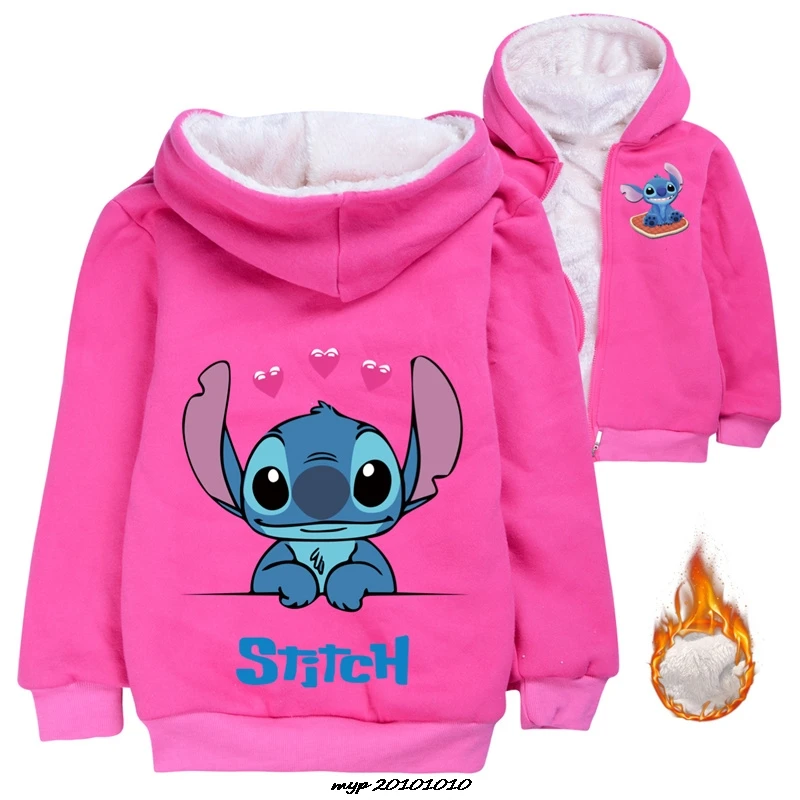 Hot Lilo And Stitch Winter fleece Jackets For Boys And Girls Cartoon Long Sleeve Coat Kids hooded warm jacket zipper windbreaker