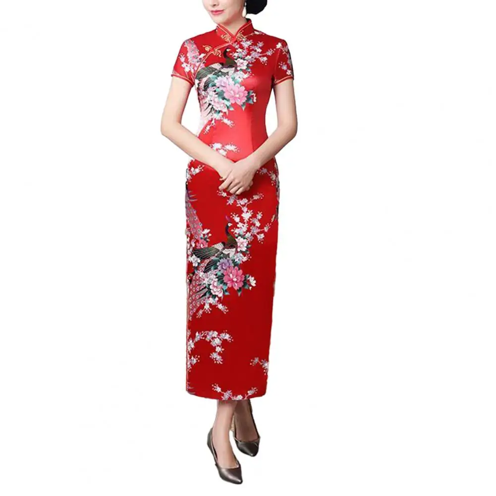 Cheongsam com estampa floral chinesa para mulheres, vestido tradicional chinês, estilo nacional, verão