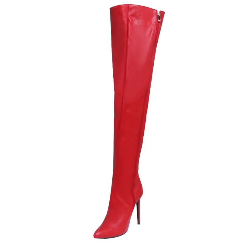 FHANCHU 2023 Women\'s Thigh High Boots,Microfiber Leather Winter Shoes,Crotch Botas,Pointed Toe,Side Zip,Red,Black,34-43,Dropship