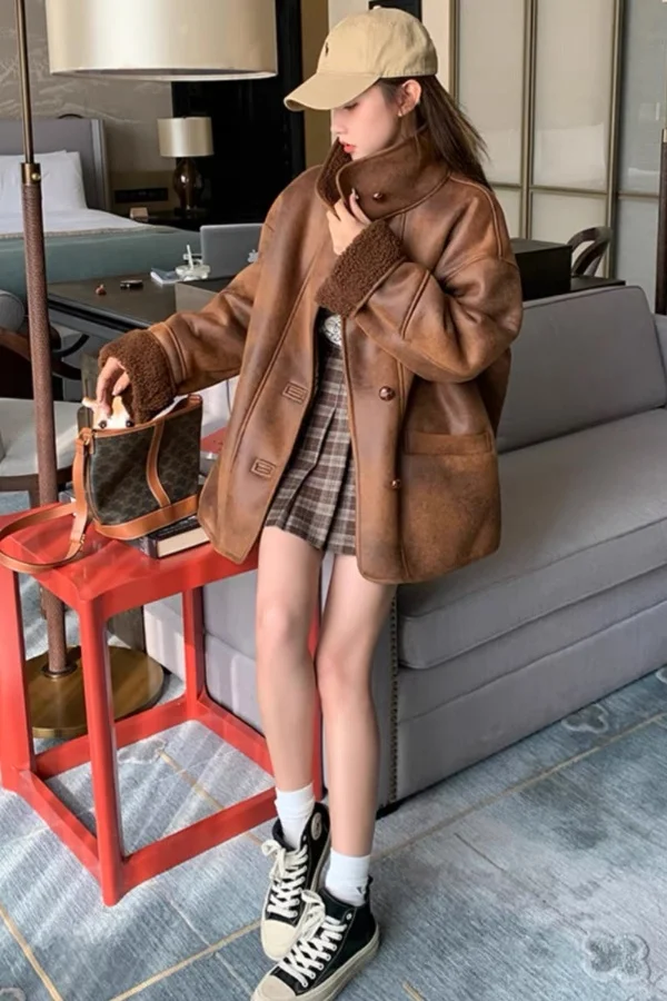

Faux Shearling Lined Moto Jacket for Women Winter Warm Biker Wasteland Style Coat Commuter Lazy Fit Plush Lamb Wool Outerwear