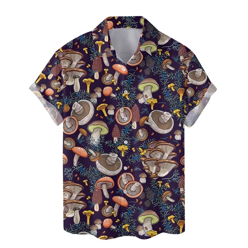 Camicia hawaiana con stampa 3D di funghi colorati per uomo Vacanze estive Piante Camicie da spiaggia Camicia Aloha da strada a maniche corte con bottoni