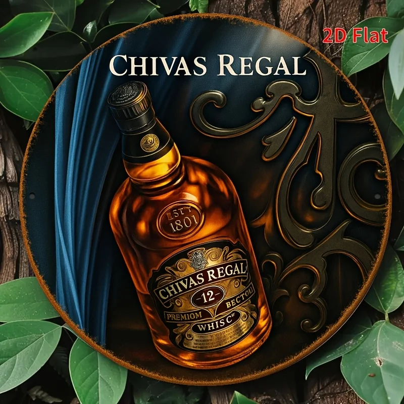 Arte de pared redondo de aluminio con diseño de whisky premium Chivas Regal de 12+ años, plano en 2D, 20.32cm x 20.32cm, placa decorativa vintage con E