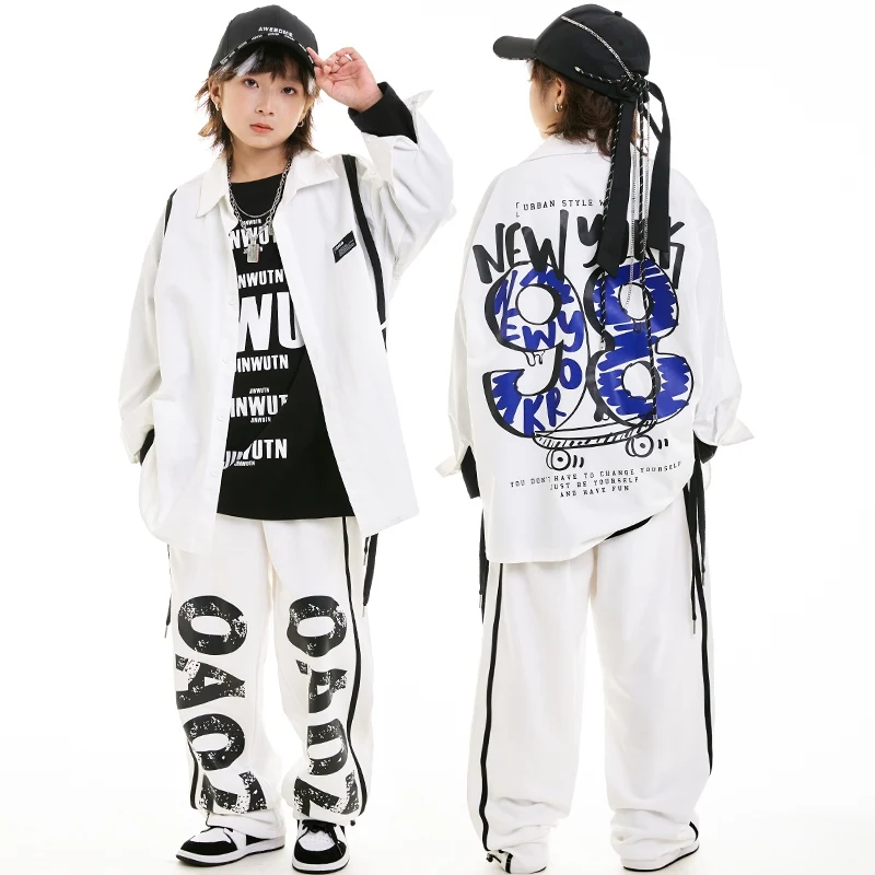 Kids White Hip Hop Dance Clothes Boys Street Dance Costume Long Sleeves Jazz Hiphop Performance Suit Girls Stage Wear BL13978