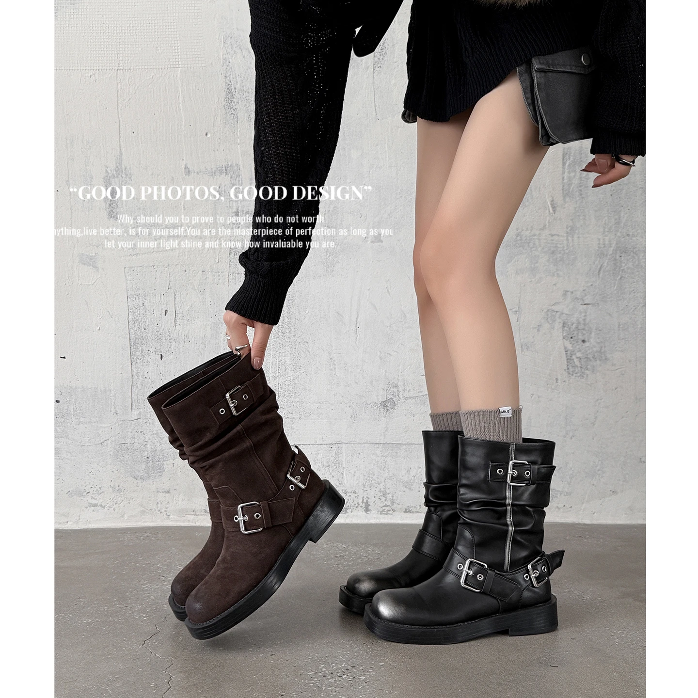 2026 autumn winter women ankle boots 22-25cm brush color cow suede/cowhide round toe belt buckle western boots Pile up boots