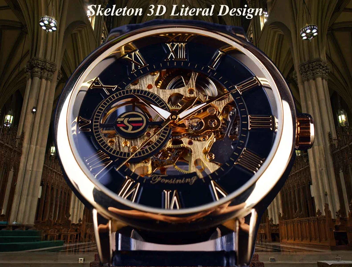 Forsining Men Leather Skeleton Mechanical Watches