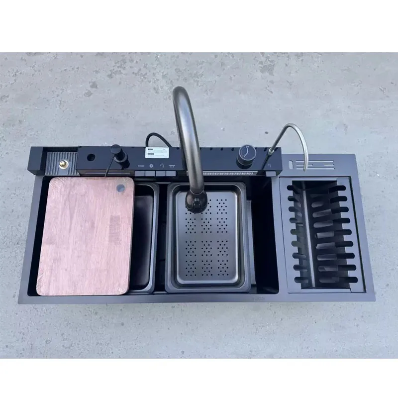 Hot Selling 304 SS Multifunctional One Piece Automatic Cup Washer Piano Digital Display Two Waterfall Faucet Kitchen Sinks