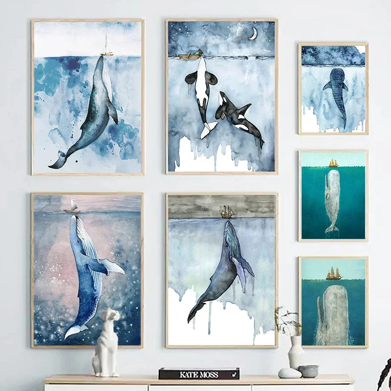 1pc frameless Canvas Painting Abstract Wall Art Watercolour Sea Animals Whale Mural HD Canvas Printed Poster Home Living Room Be