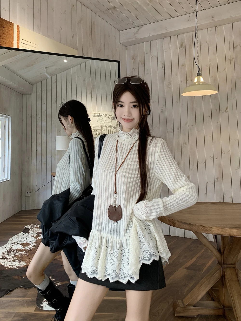 Camiseta larga con ribete de encaje blanco, diseño Sensation, Faion para mujer, ropa interior Ele para principios de otoño, Base Irt