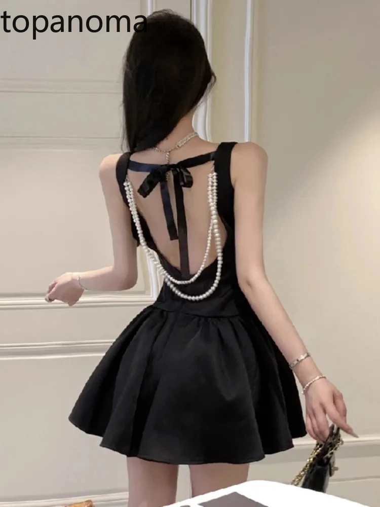 Topanoma Evening Dresses Women Sleeveless Bow Bandage Pearl Backless Slim Vintage Elegant Cocktail Mini Dress Birthday Party