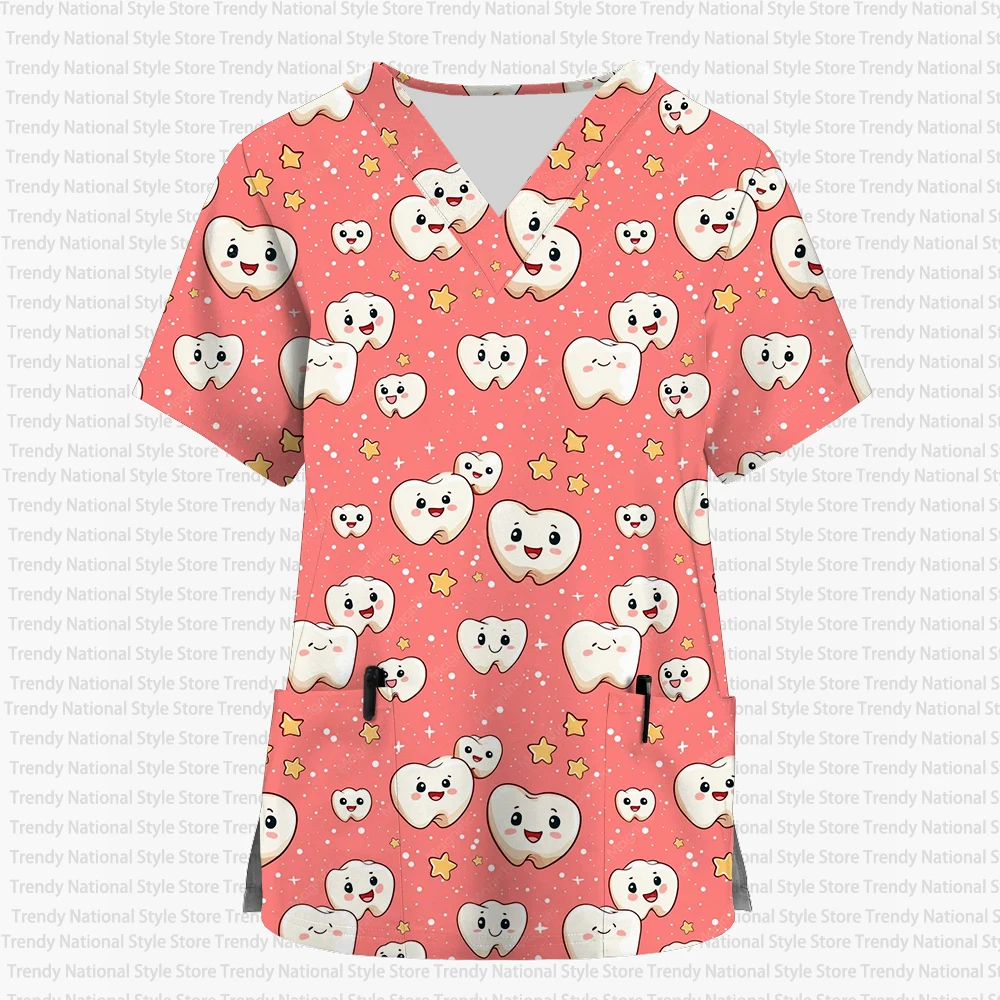 New Summer Women's Hospital Clinic Dental Pet Shop Care Uniform T-Shirt V-Neck Short Sleeve Frosted Top with Printed Design - view 2