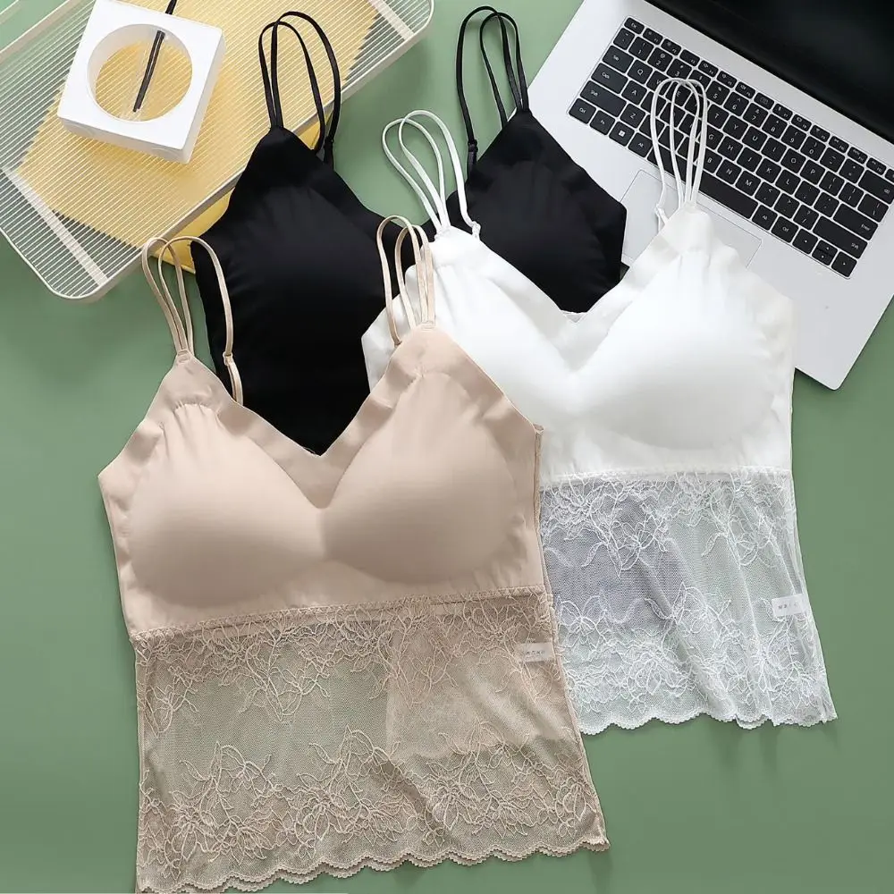 

Fashion Mesh Thin Lace Seamless Camisole Sleeveless Slim Fit Lace Crop Tops Undershirt Ice Silk Suspender Vest with Pads Women