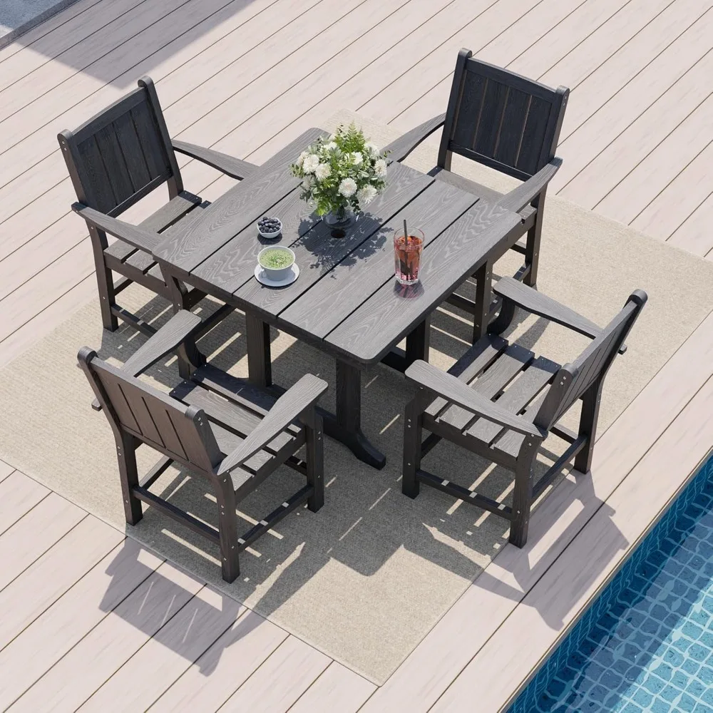 

5 PCS Outdoor Dining Set, Spacious HDPE Outdoor Table and Chairs, Wood Grain Patio Dining Sets with Elegant Armrest, All-Weathe