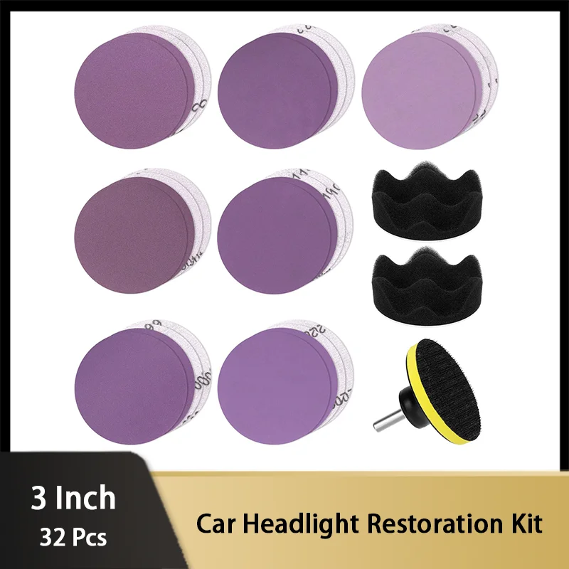 

32 Pcs 3 Inch Car Headlight Restoration Kit with Sanding Disc Pad and Holder and Buffing Sponge Pad for Car Polishing Grinding