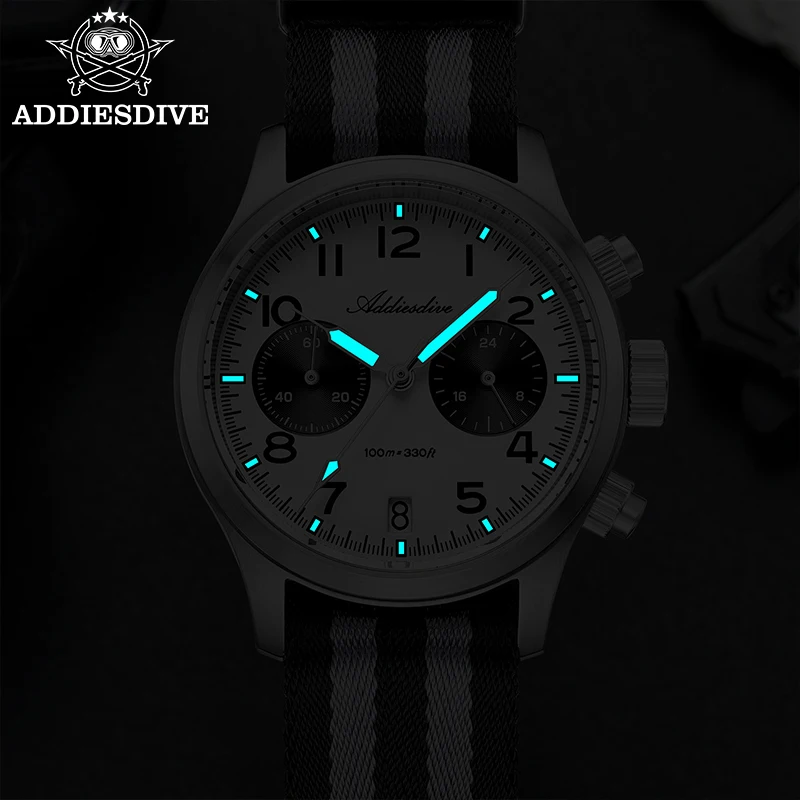 ADDIESDIVE Quartz Watches VK64 Chronograph Panda Dial Sapphire Glass Waterproof 100m BGW9 Luminous Luxury Men's Watch AD2538