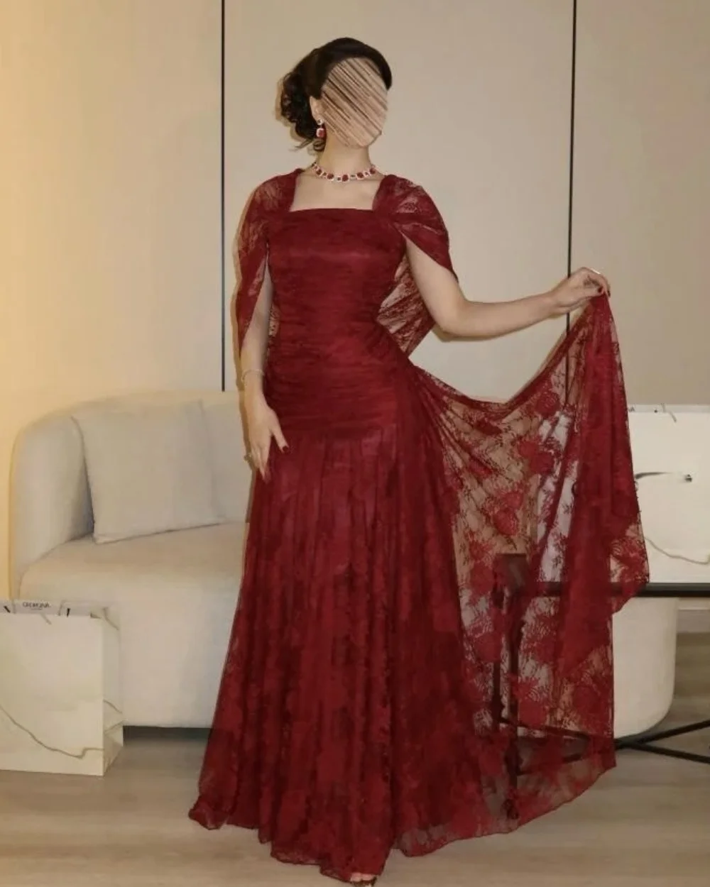 Customized Exquisite Classic Lace Pleat Ruched A-line Square Neck Long Dresses Evening Dresses Casual Sizes Available Formal